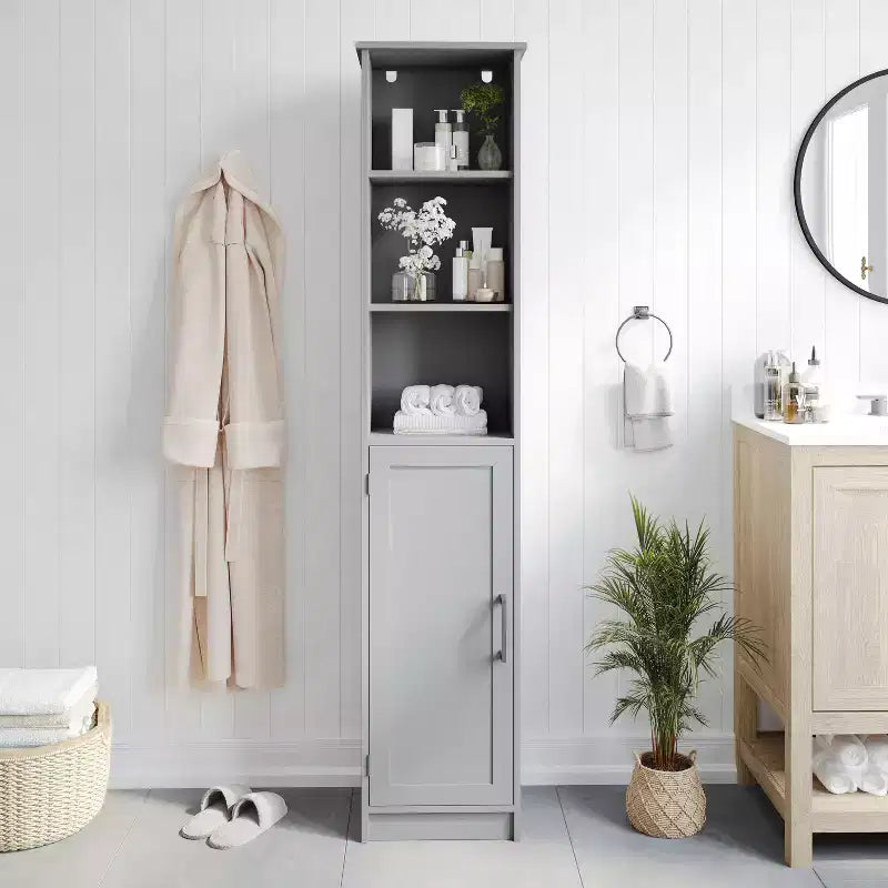 Flash Furniture Vega Freestanding Narrow Bathroom Linen Tower Storage Cabinet Organizer with Door, In-Cabinet Adjustable Shelf, and Upper Open Shelves
