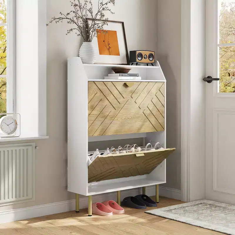 Shoe Cabinet with Slim 2-Drawer Organizer, Freestanding Shoe Shelf,Adjustable Hidden Entryway Rack, Modern Design for Hallway, Bedroom, Closet