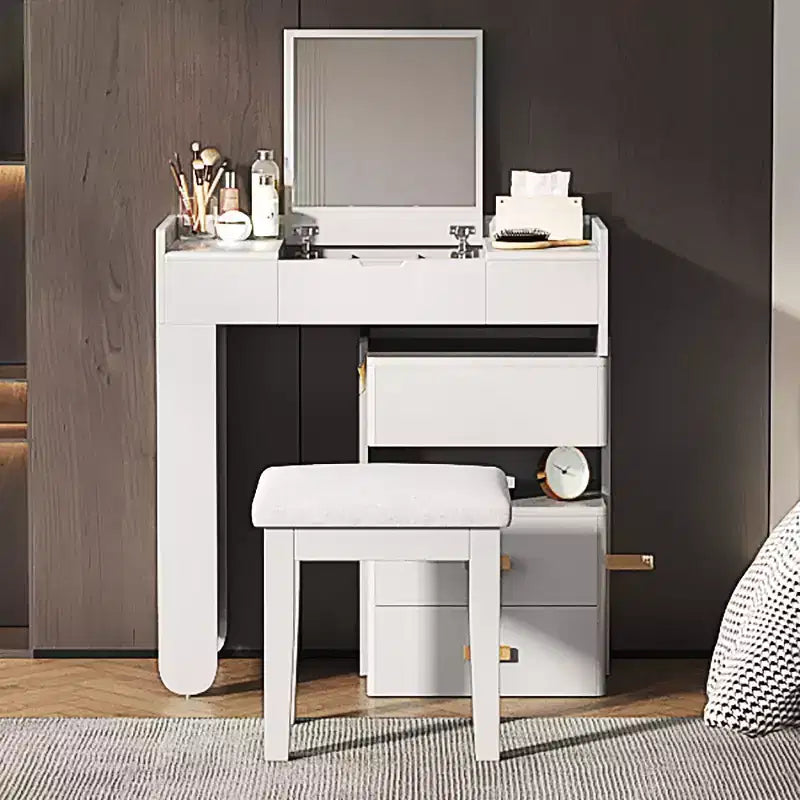 Okak 3-IN-1 Makeup Vanity with Flip-Top Mirror, Makeup Desk with Adjustable Length and Ample Drawers, Dressing Table for Home, White
