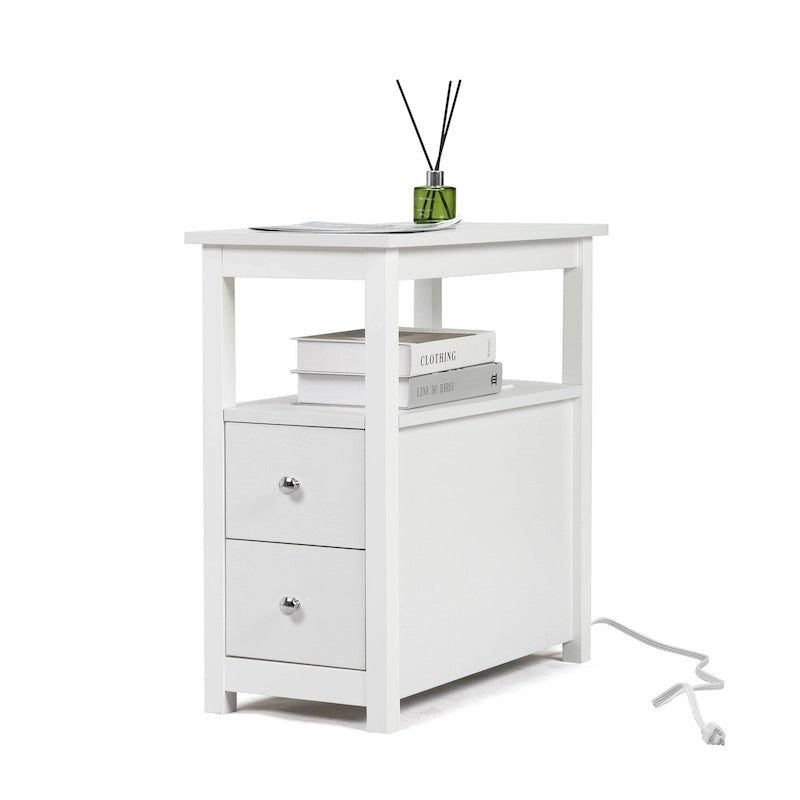 End Table with Charging Station, Narrow Sofa Side Table, Wooden Nightstand, Bedroom Living Room Furniture, Black