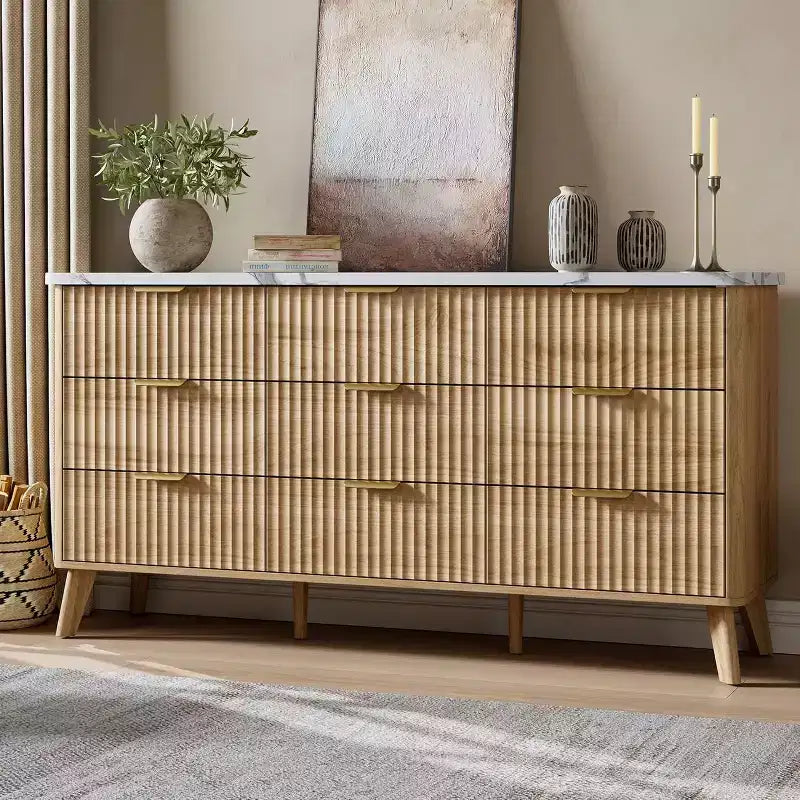 9 Drawers Dresser for Bedroom, 60.6 Wide Dressers with Curved Profile Design, Fluted Wood Drawers, Modern Chest of Dressersfor Living Room
