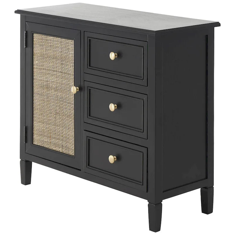 Wood Handmade 3 Drawers and 1 Door Room Cabinet with Rattan Front