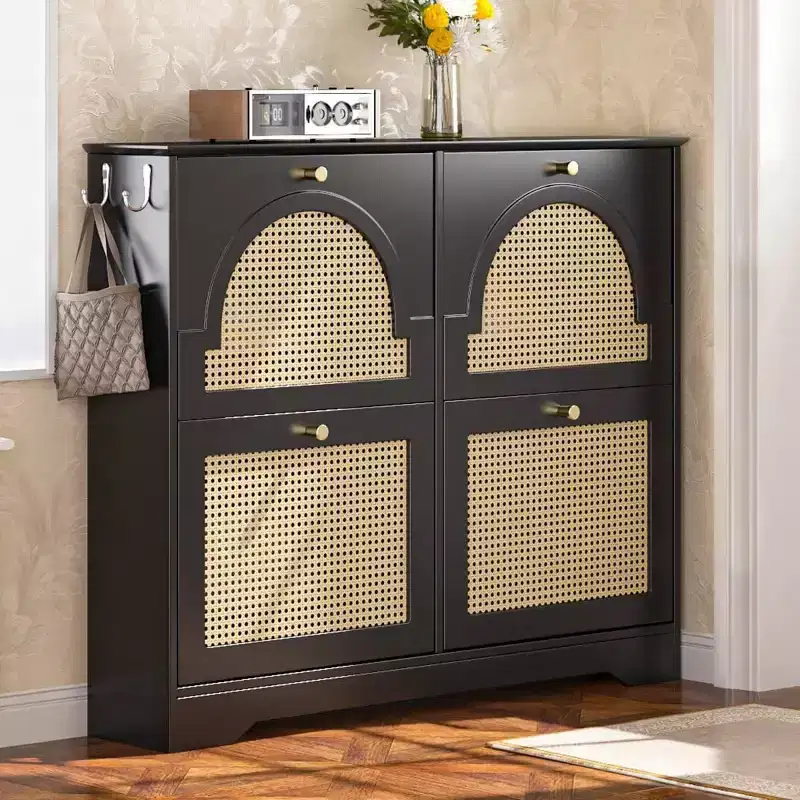 Narrow Design Tipping Bucket Shoe Cabinet with 4 Flip Drawers, Elegant Entryway Shoe Organizer with 4 Rattan Doors