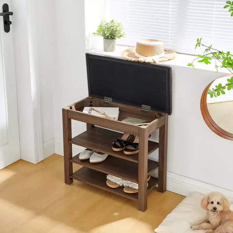 Wood Faux Leather Upholstered Shoe Rack Bench