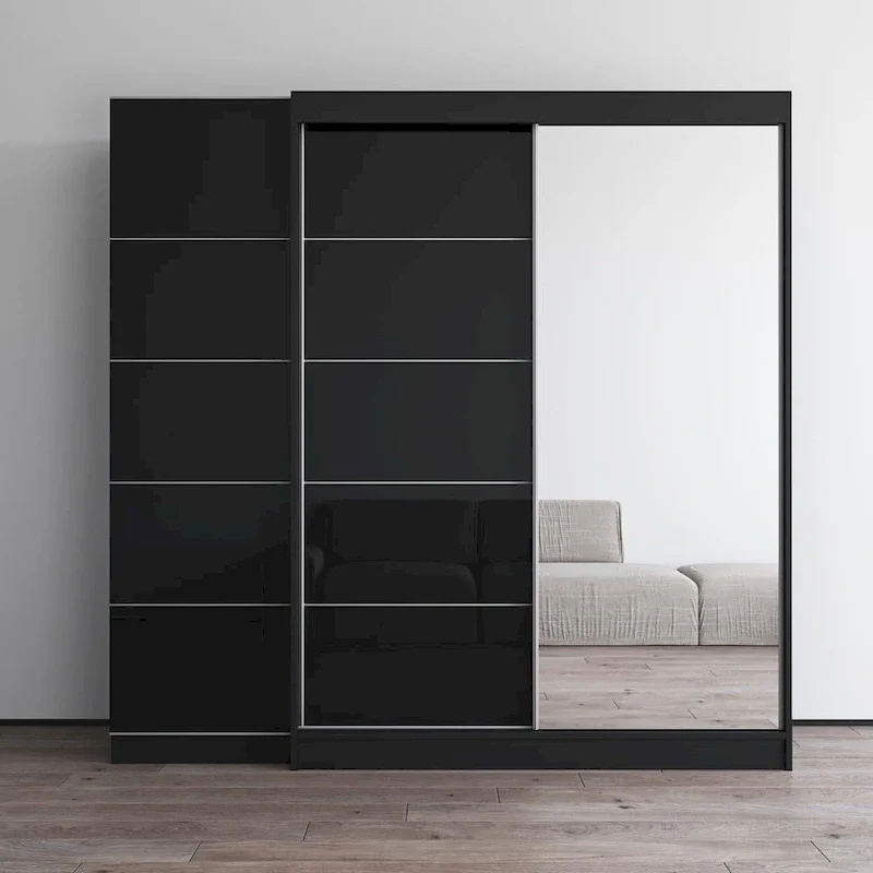 2-Door Wardrobe with Mirror, Glass Front, 2-Person (Gray / Black / White)