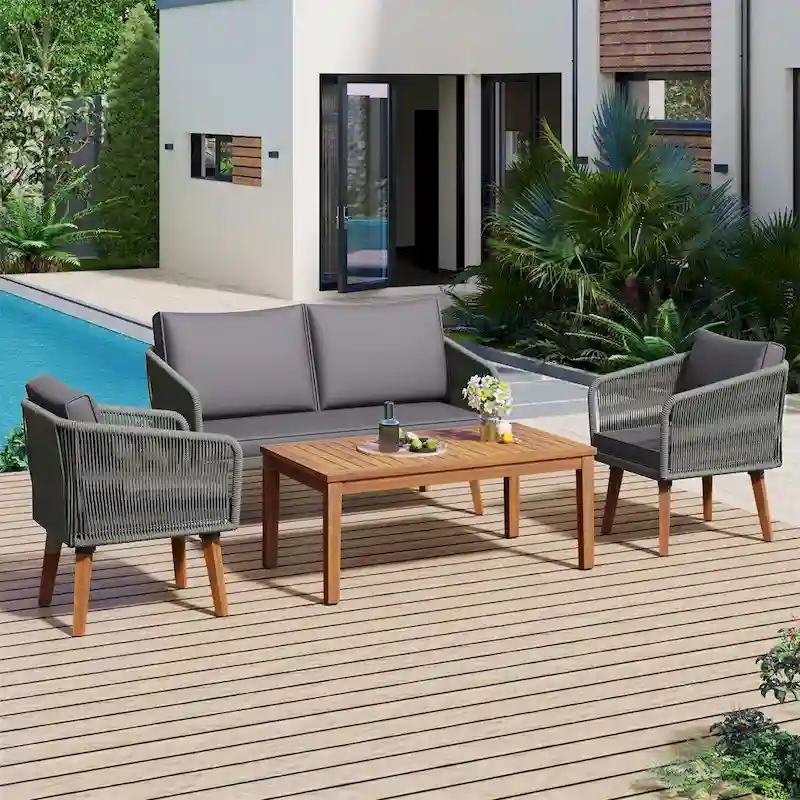 4-Piece Patio Conversation Set, Solid Wood Loveseat, 2 Chairs & Table