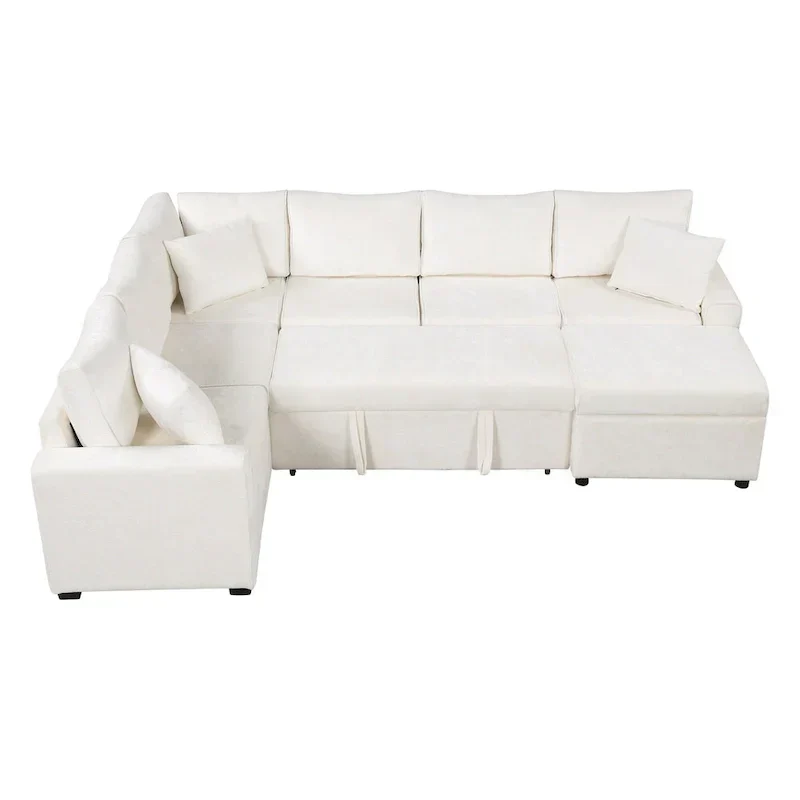Chenille Sectional Sofa Pull-out Sofa Bed, L-Shape Sleeper Sofa with Storage Ottoman, 3 Pillows and Charging Devices