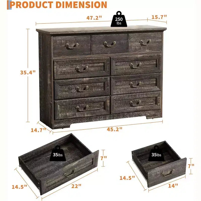 Farmhouse 9-Drawer Dresser for Bedroom- Vintage Rustic Wood Chest for Clothes & Essentials, Versatile Organizer for Bedroom, Living Room & Hallway