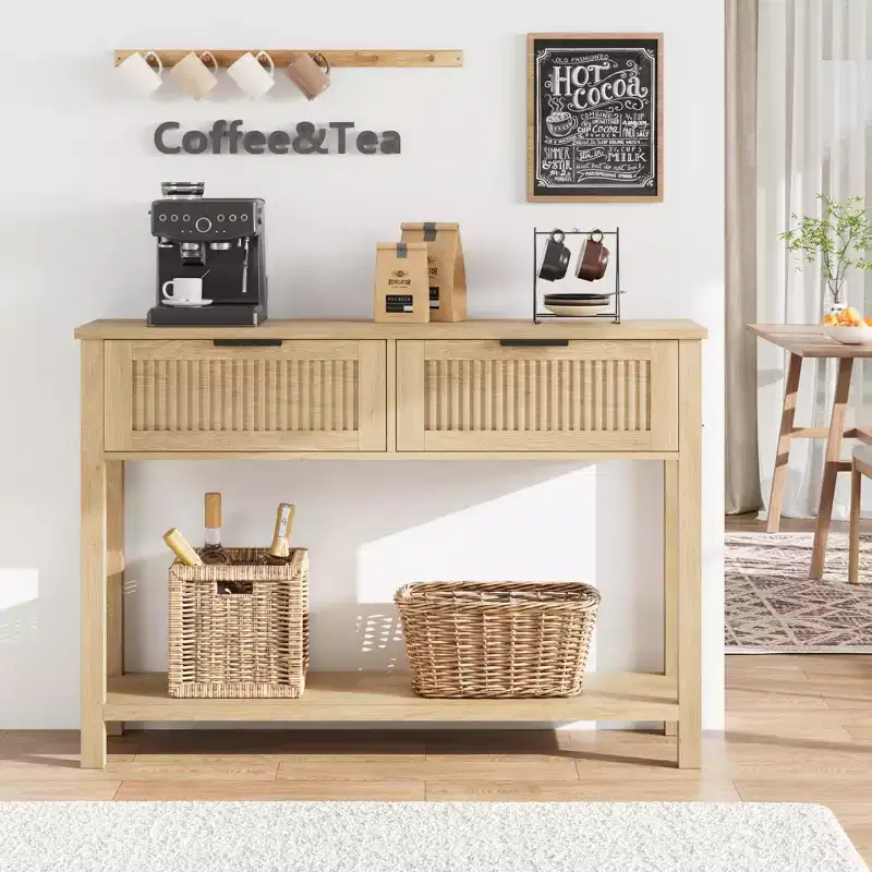 COZONY 43 Fluted Console Table with Burlywood 2 Drawers, 2-Tier Wooden Entryway Sofa Table