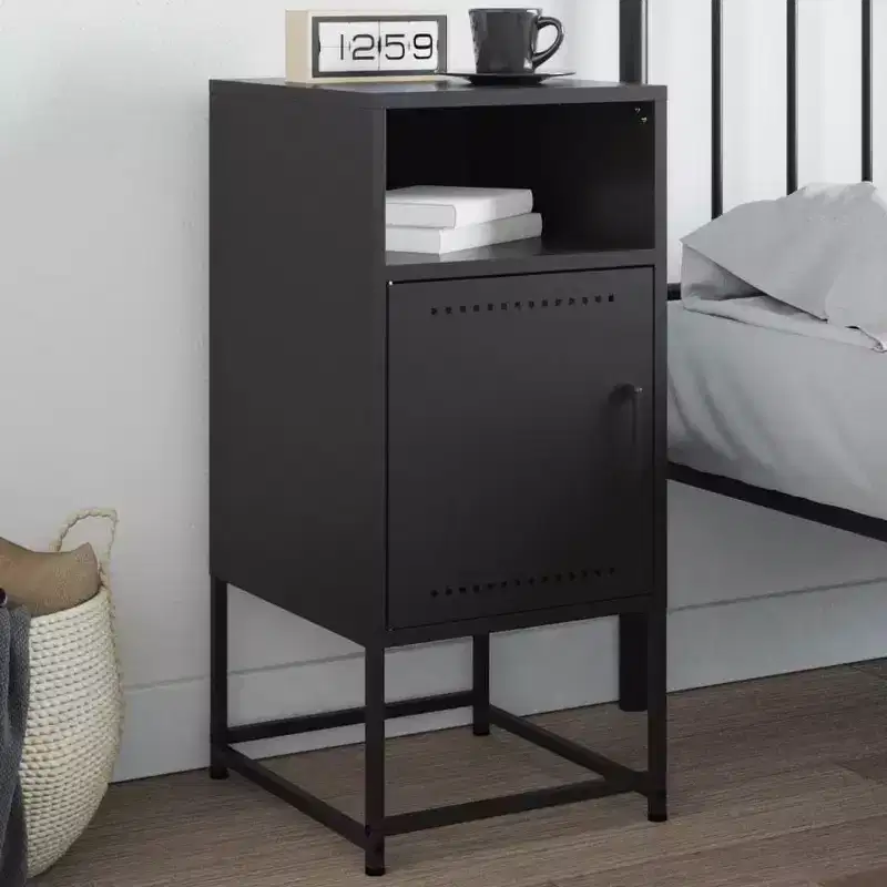 Industrial Steel Bedside Cabinet Nightstand with Adjustable Shelf - Black, 15.4