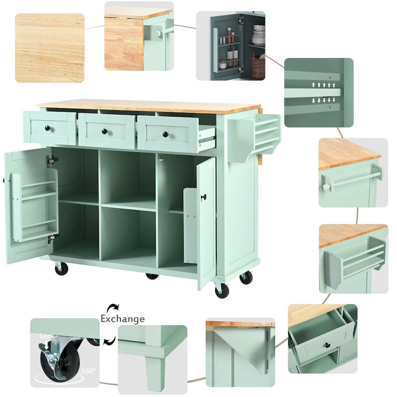 White Rolling Kitchen Island Cart with 5 Wheels Drop Leaf Rubberwood Top 3 Drawers and Spice Rack