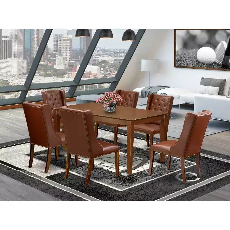HomeStock 7-Piece Rectangle Mahogany Finish Solid Wood Top Dining Table with 6 Chairs