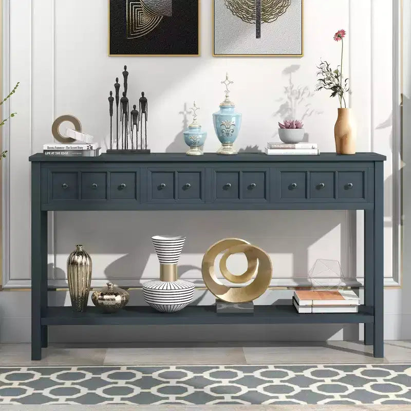60 Rustic Console Table with 4 Drawers and Bottom Shelf, White