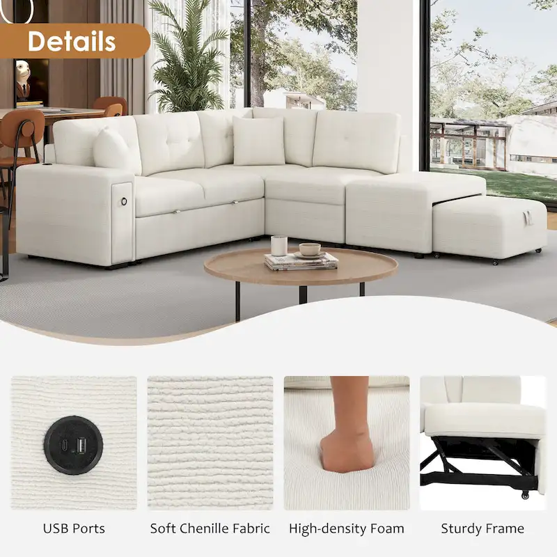 L-Shaped 4-Seat Sectional Sofa with Pull-Out Bed, Ottoman, USB Ports & Drop-Down Table