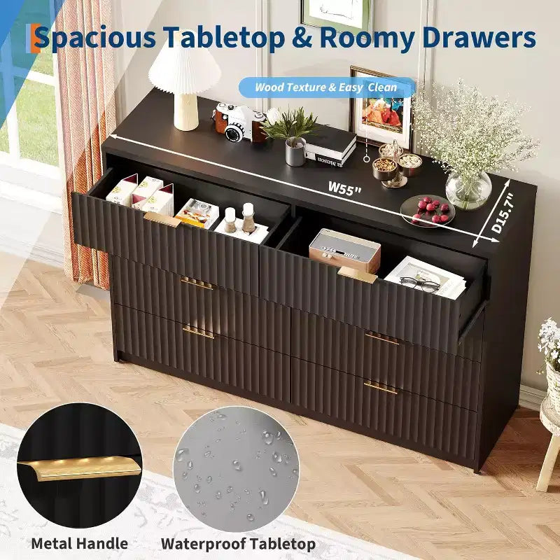 Fluted 8-Drawer Double Dresser Large Capacity Anti-Tip Chest for Bedroom Black