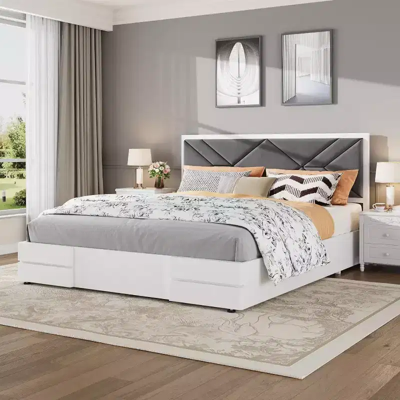 Wooden Bed Frame with Upholstered Headboard, Strong Wooden Slats No Box Spring Needed