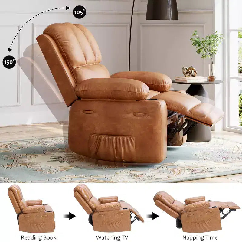 Rocking chair/recliner, small swivel rocking sofa chair with heating and vibration massage functions, leather baby room recliner with cup holder