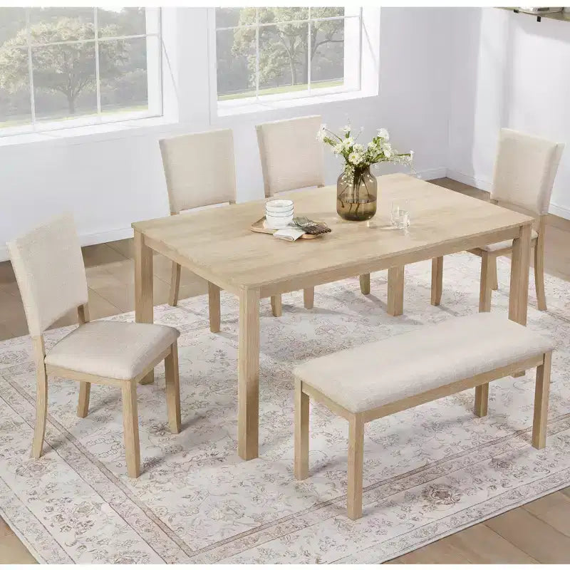 Fen Modern 6-Piece Dining Set with Wooden Rectangular Table, 1 Bench, and 4 Linen Upholstered Chairs