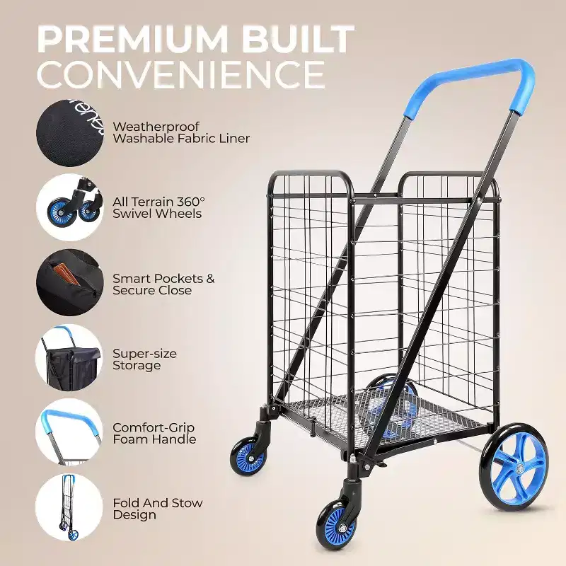 SereneLife Small Foldable Shopping Cart with Removable Liner (SLSPCART55) - Blue