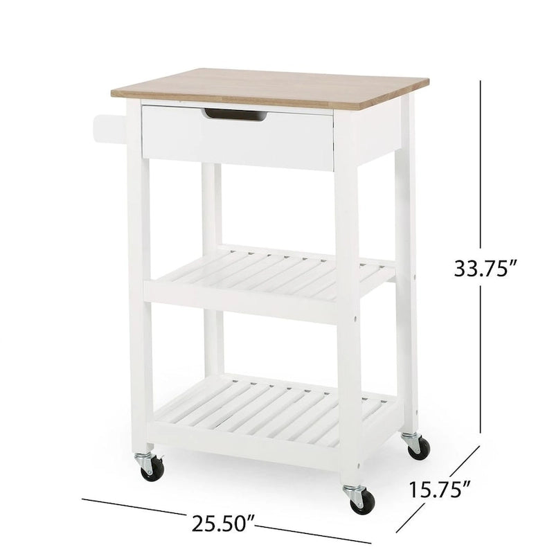 Compact Rolling Kitchen Cart with Rubberwood Top Drawer 2 Slatted Shelves and Towel Rack