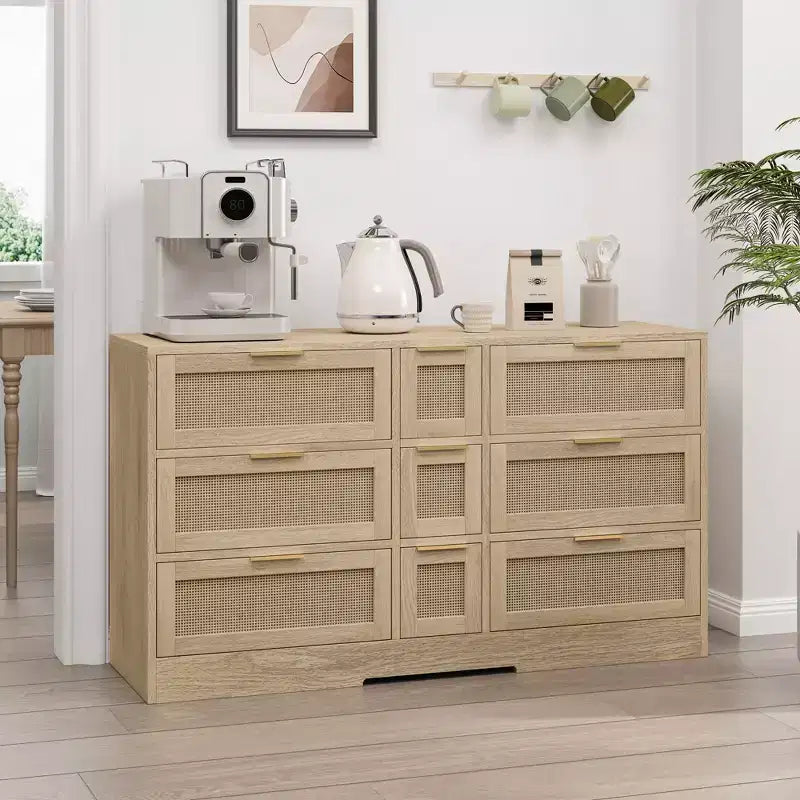 9 Drawer Dresser, Rattan Chest of Dressers for Bedroom, Natural Wooden Wide Storage Cabinet with Handles, Dresser TV Stand Drawer Organizer