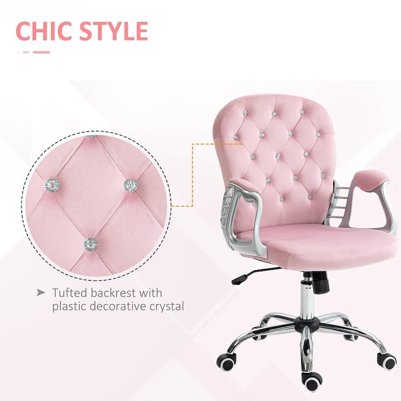 Vanity Middle Back Office Chair Tufted Backrest Swivel Rolling Wheels Task Chair with Height Adjustable Armrests