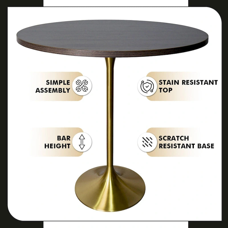 36 Round Dining Table with MDF Wood Tabletop and Brushed Gold Pedestal Base
