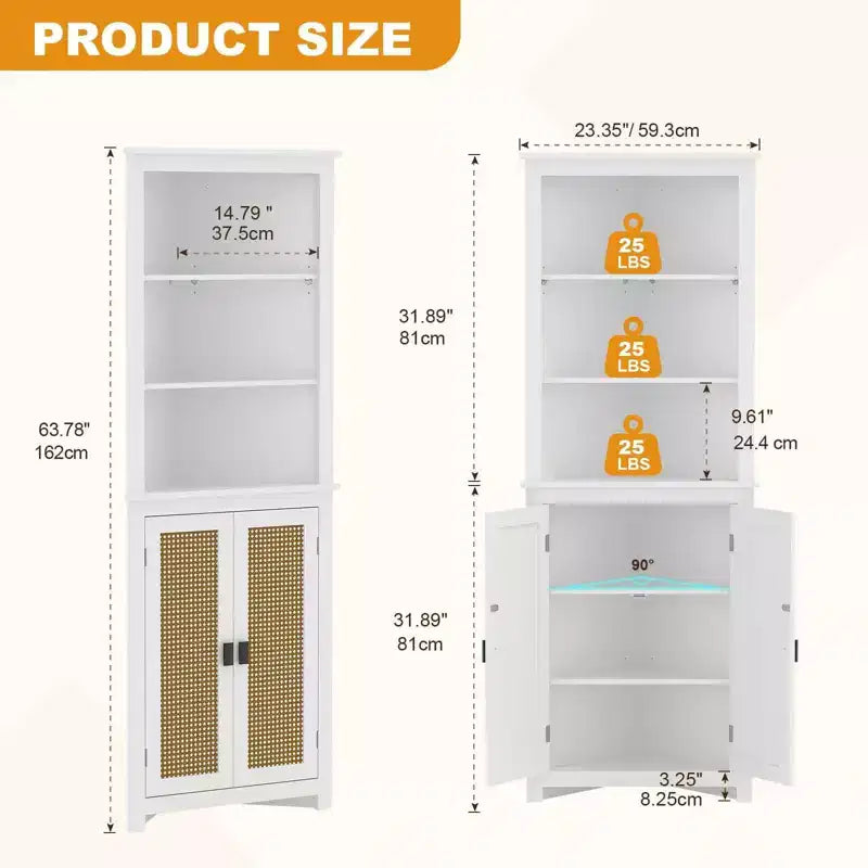 64 Tall Farmhouse Corner Cabinet with 2 Barn Doors | Multi-Purpose Buffet Pantry Adjustable Shelves White
