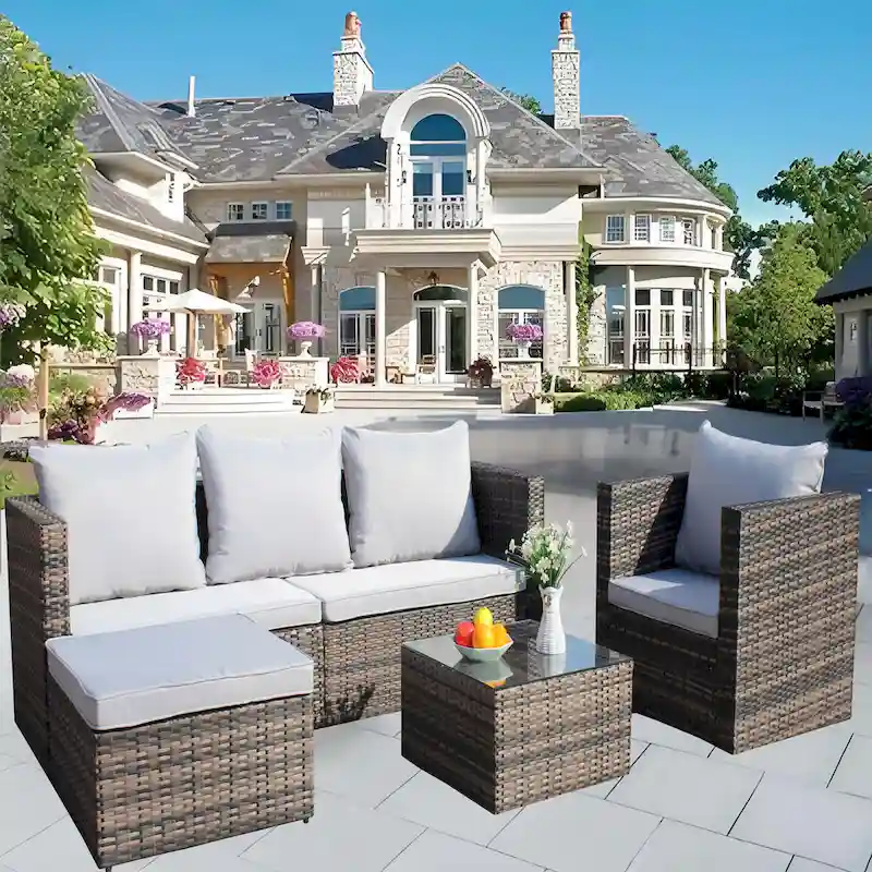 Outdoor 4-Piece PE Rattan Wicker Cushioned Sofa Set and Coffee Table
