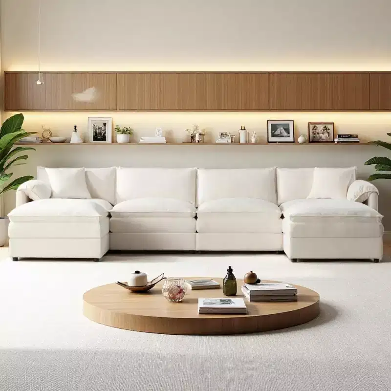 Polibi 6-Piece Chenille U-Shaped Modular Sectional Sofa with Dual Ottomans and Double-Layer Cushions