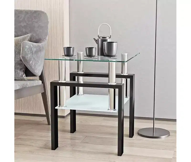 Modern 2-Tier Square Coffee Table with Tempered Glass Top