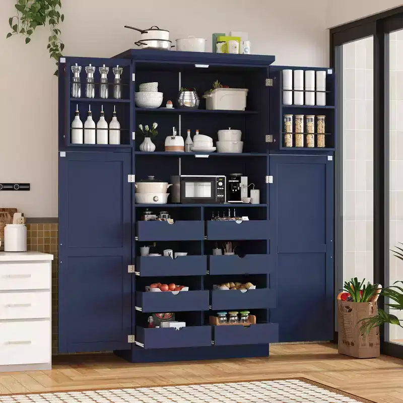 Whisen 35.5 Freestanding Kitchen Pantry Cabinet with 4 Doors and Pull-out Trays