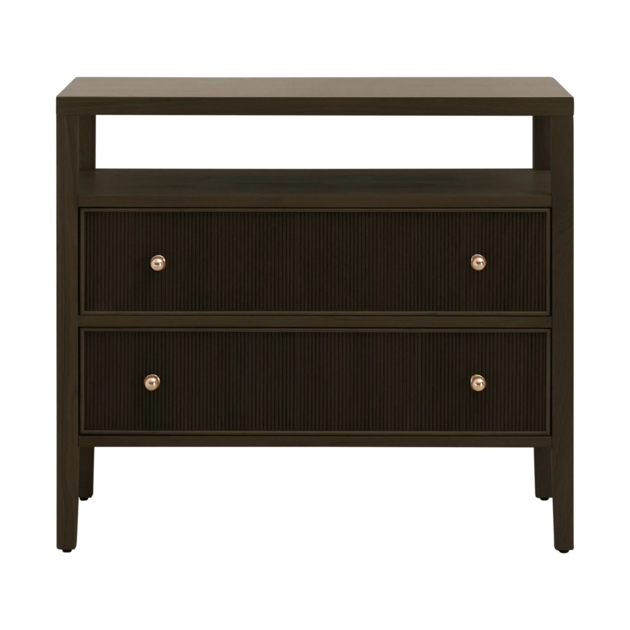 Transitional Solid Oak 2-Drawer Nightstand with Fluted Drawer Fronts & Open Shelf for Bedroom