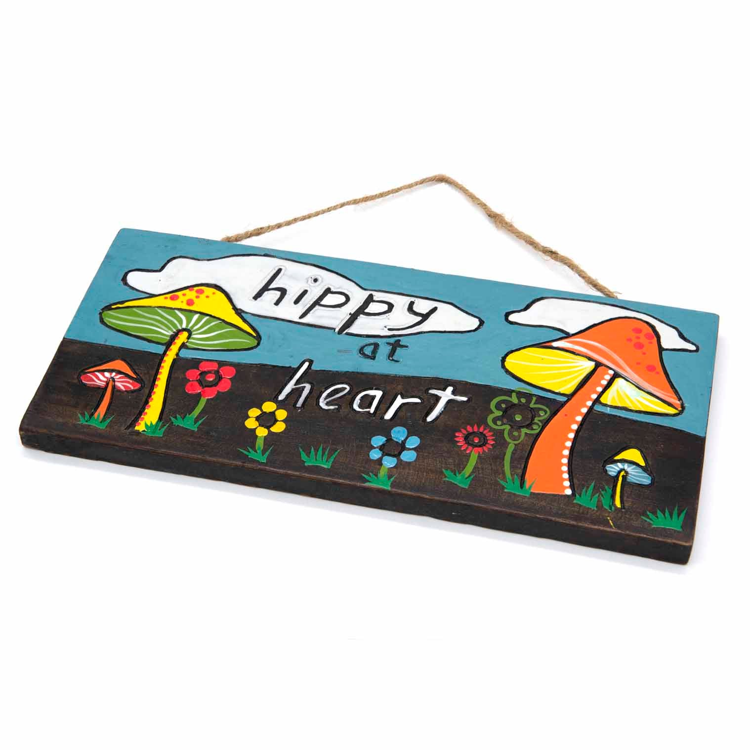Hippy at Heart, Hand-Painted Mushroom Wood Hanging Plaque
