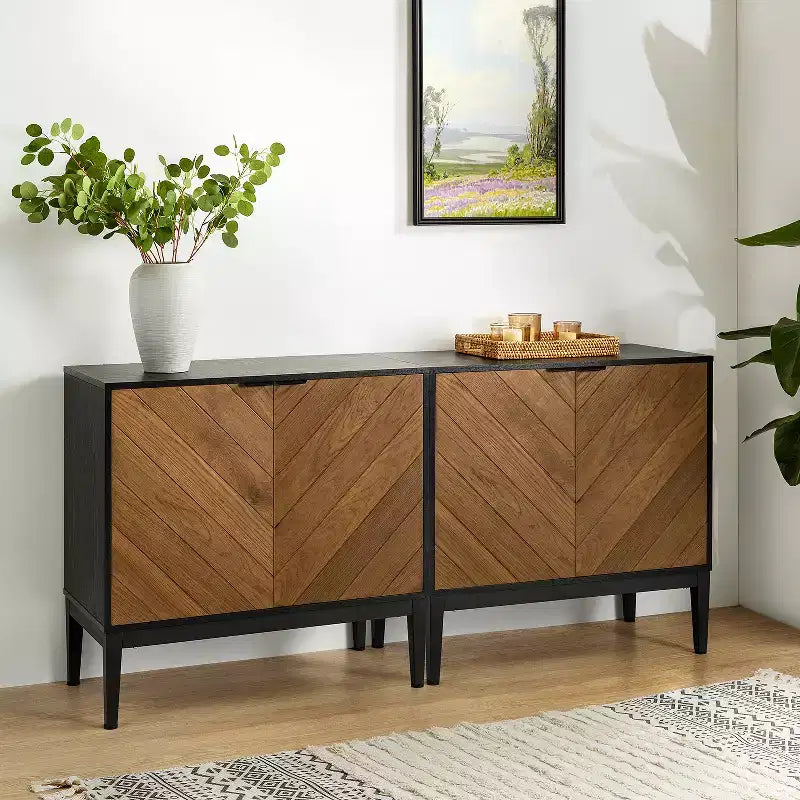 Set of 2 Jakob Modern Storage 32Tall+2-Door Accent Cabinet with Herringbone Element |Karat Home