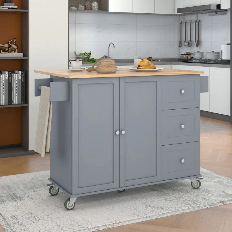 Rolling Kitchen Island with Drop Leaf Breakfast Bar Solid Wood Top 3 Drawers and Spice Rack