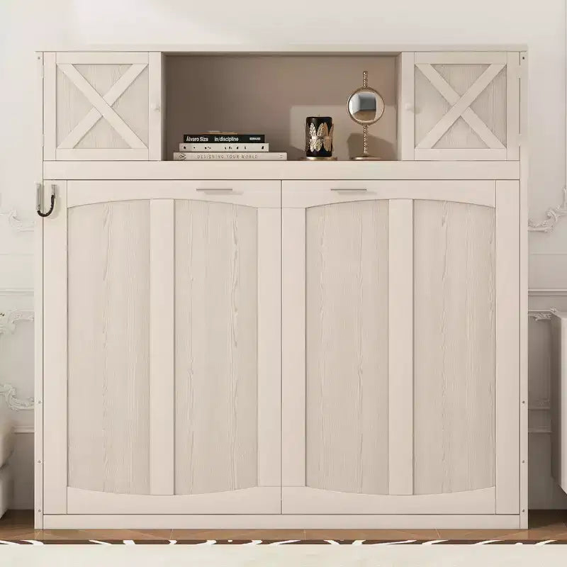Full Murphy Bed Cabinet Bed, Full Size Murphy Bed with Storage Cabinets, Wood Full Wall Bed Chest Murphy Bed Frame, Beige