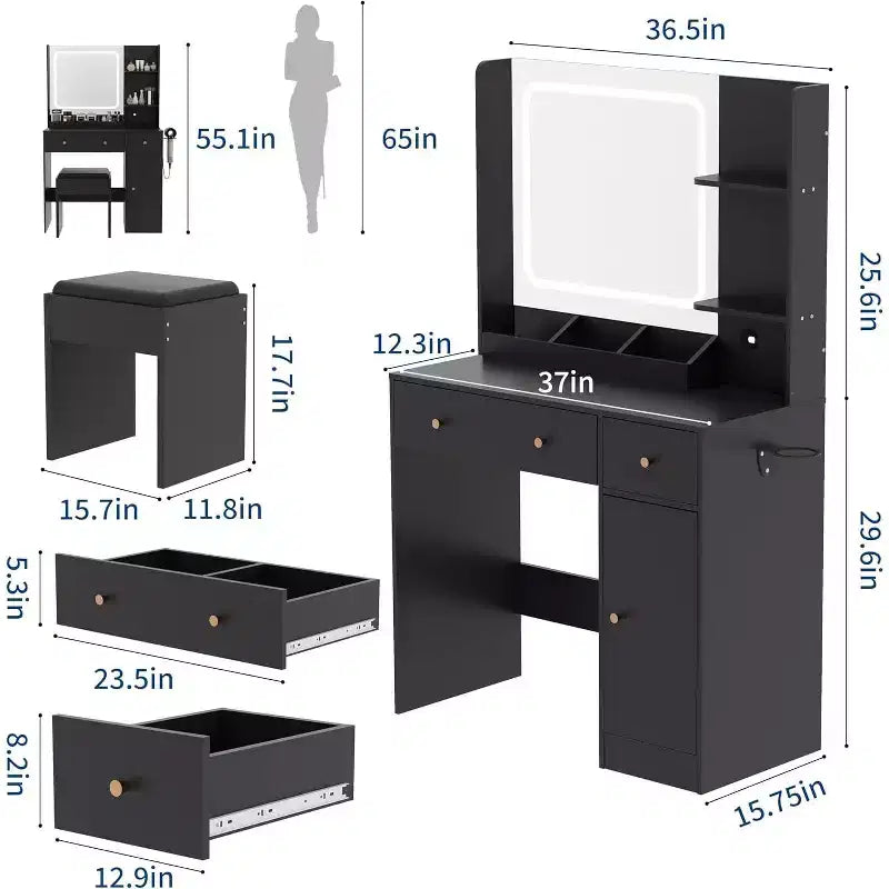 Vanity Desk with Mirror and Lights, Makeup Vanity Table Set with Power Hub, 3 Lighting Modes, Drawers & Storage Shelves, Dressing Table for Bedroom