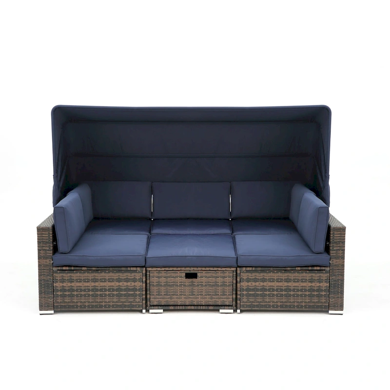 HOMEFUN Outdoor Rattan/Wicker Patio Rectangle/Round Sectional Cushioned Sofa with Retractable Canopy