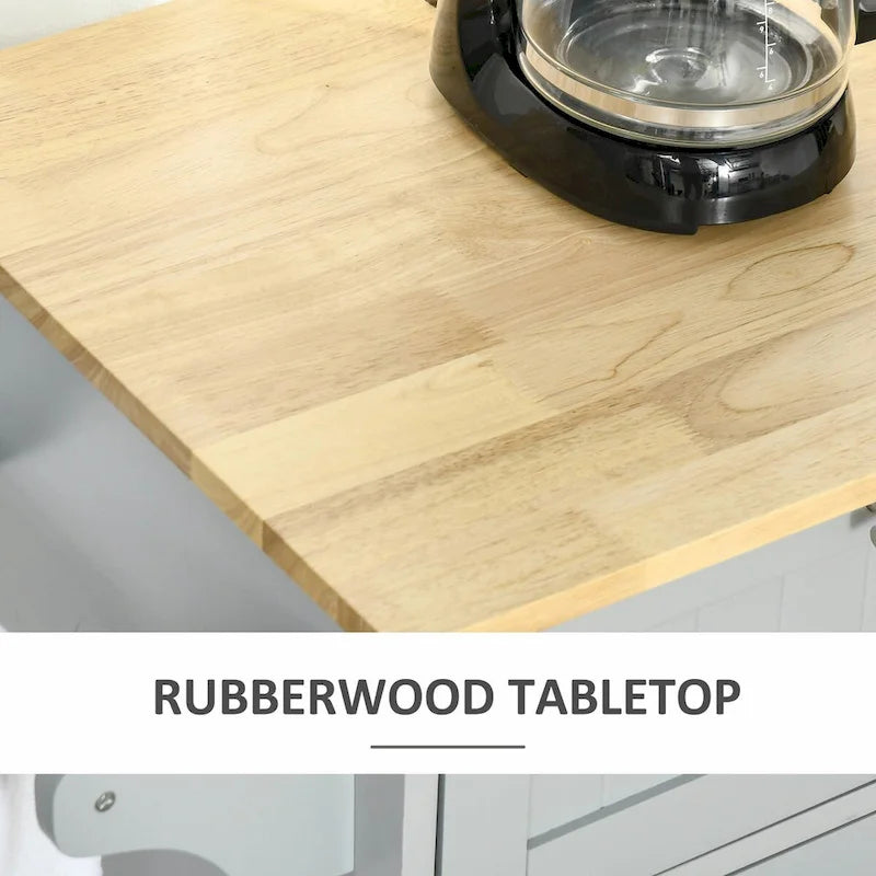 Rolling Kitchen Island Cart with Natural Wood Top 2 Drawers 3 Cabinets and Towel Rack