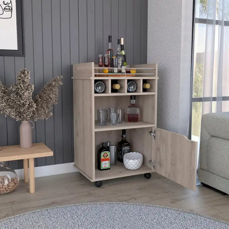 Beige Rolling Bar Cart with Open Shelves Wine Cubbies and Cabinet