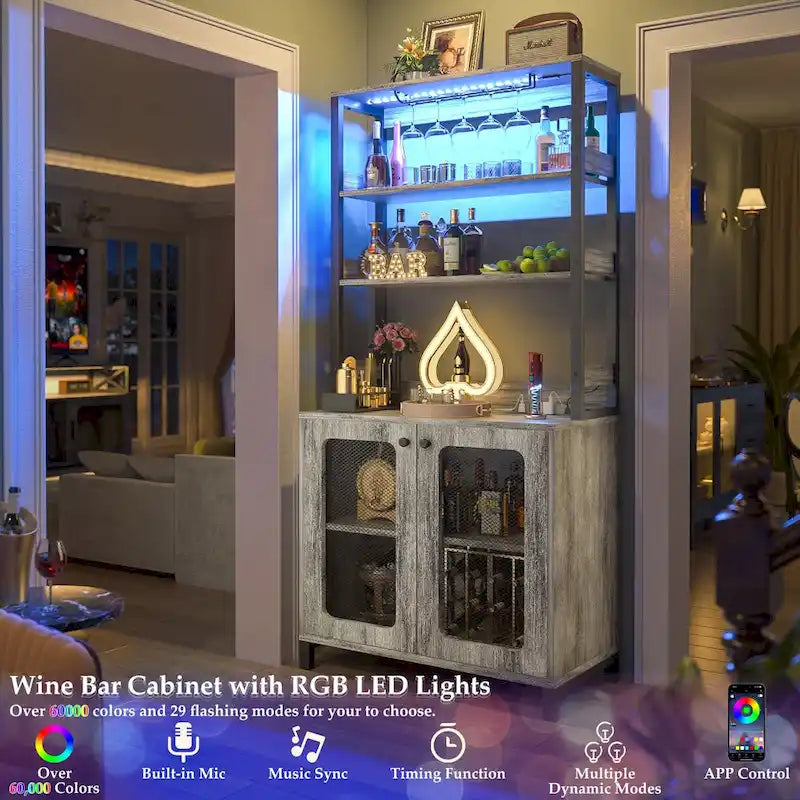 67-Inch Tall Wine Bar Cabinet with LED Lights, Glass Holder and Power Outlets