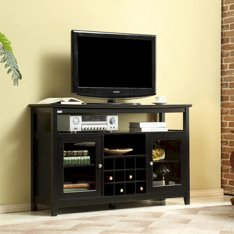Black Wooden Sideboard Buffet Cabinet with Wine Rack and Glass Doors