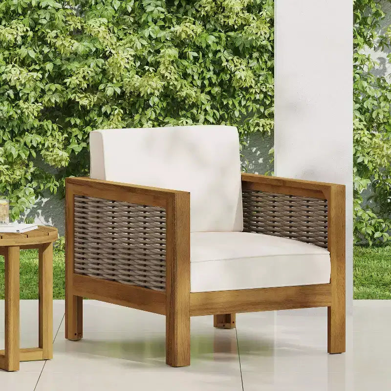 Outdoor Patio Chair, Acacia Wood Frame Club Chair with Wicker Accents and Cushions - Merax