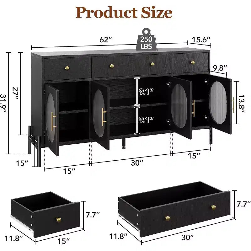 Buffet Cabinet with Storage, Wooden Buffet Cabinet with 3 Drawers & 4 Glass Doors, Coffee Bar Cabinet Buffet Table for Dinning Room, Kitchen