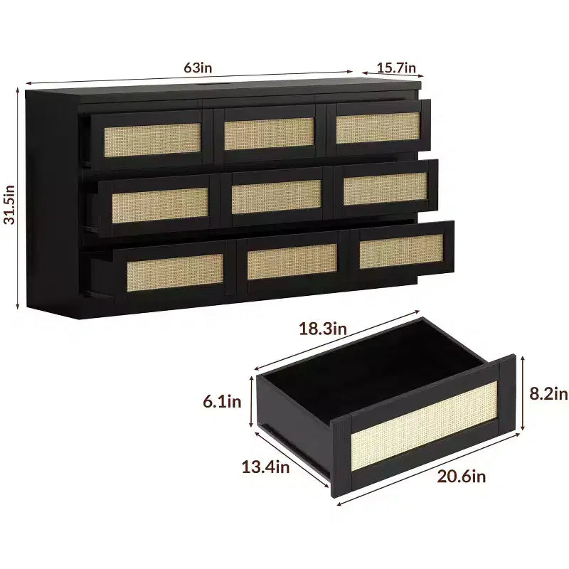 Dresser for Bedroom, Rattan 9 Drawer Dresser for Closet, Double Wood Dressers & Chest of Drawers