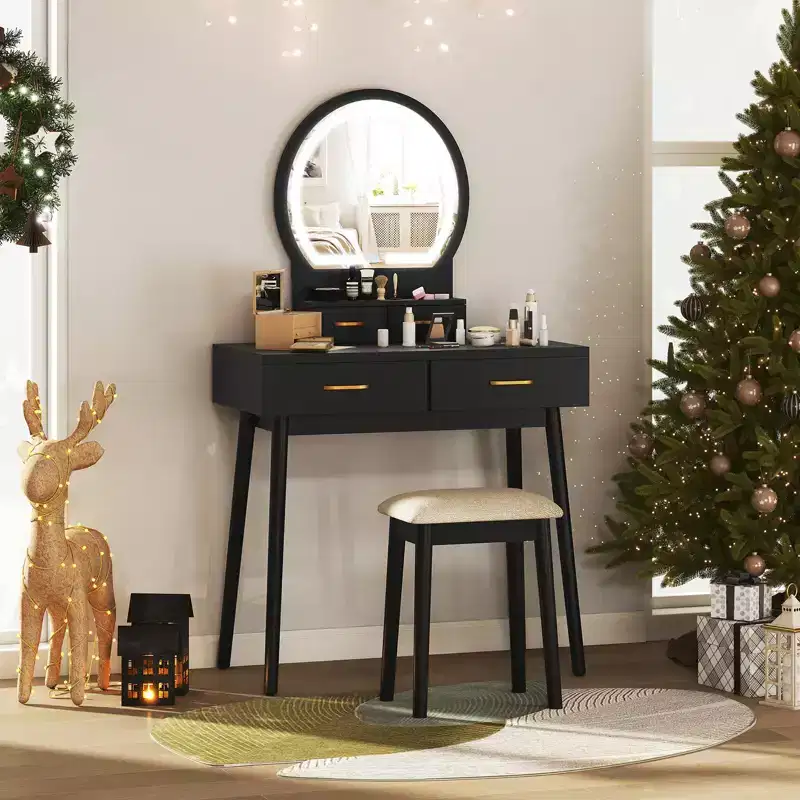 Vanity Desk with Lighted Mirror, 10 LED Bulbs and 4 Drawers for Bedroom White