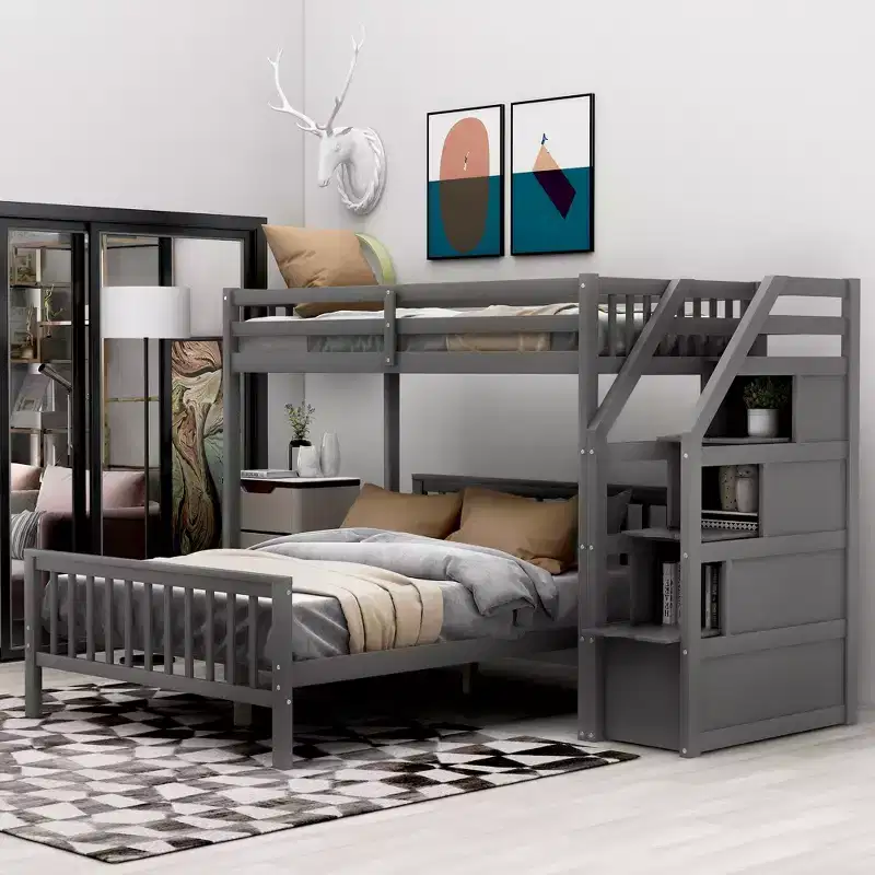 97.2''L 78.4''W Modern Wood Twin over Full Loft Bed with Staircase Storage
