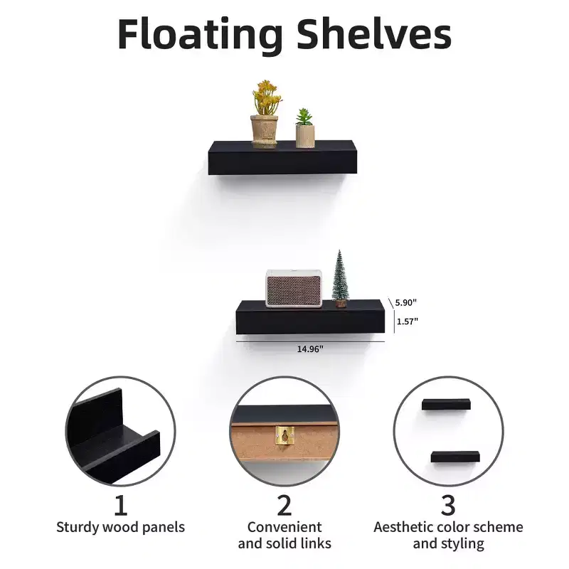 14.96 Black Floating Shelf C invisible-bracket wood wall mount, perfect bathroom/bedroom/kitchen dcor or book/plant display, easy install.