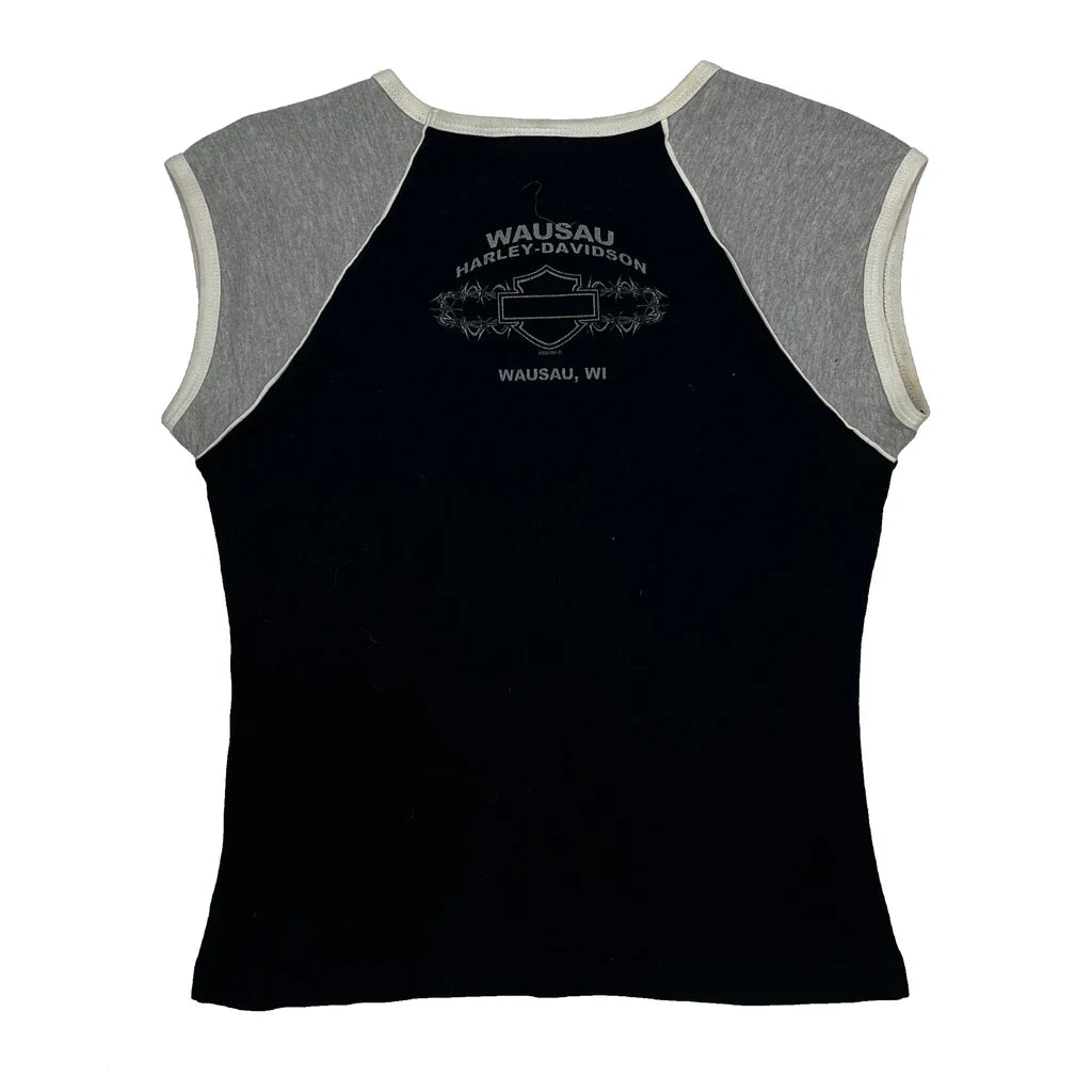 Women's Graphic Print Sleeveless Top Black Grey Cotton Medium